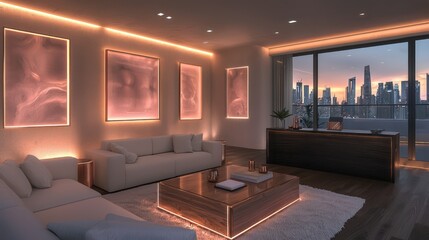 A contemporary living room with radiant rose gold lighting