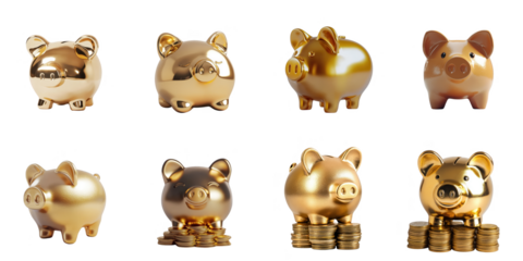 Piggy bank png set collection in 3d transparent no background in investment concept.