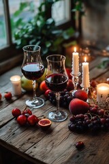 Carefully arranged wine glasses filled with red wine surrounded by fruit and candles on a rustic table, evoking a warm and inviting atmosphere.