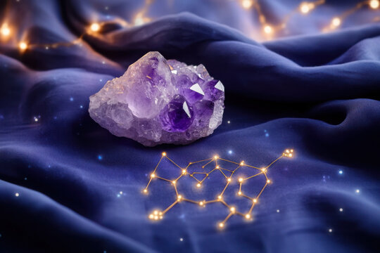 Cosmic Wellness Decor Brass Astrological Wheel with Amethyst on Celestial Fabric - Spiritual Content Creation and Holistic Interior Design