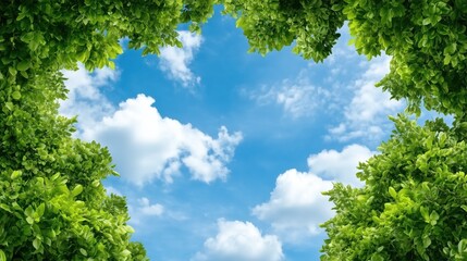 Obraz premium Bright green leaves surround a clear blue sky with soft, white clouds, creating a tranquil and refreshing atmosphere. Sunlight enhances the vibrant colors and natural beauty of the scene