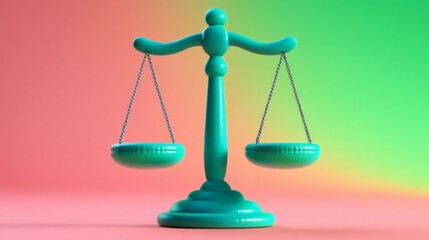 Teal balance scale on a vibrant red-green gradient background representing justice, equality, and decision-making in a modern, colorful style
