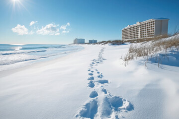 Snow covers Florida's beaches, creating a striking contrast of winter wonderland and tropical charm in a serene coastal environment