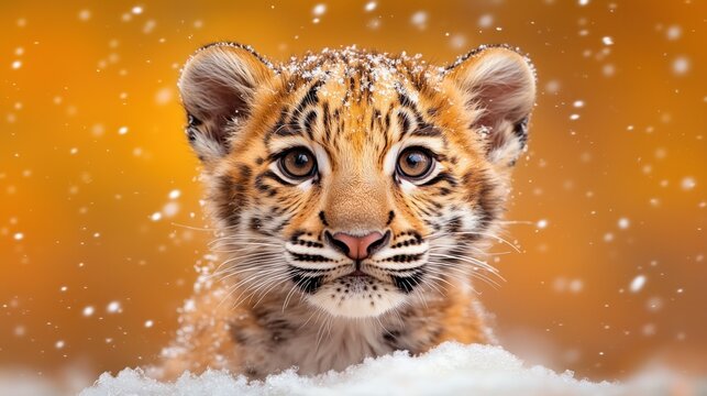 young tiger cub is experiencing a wintry setting, with snow gently falling around it
