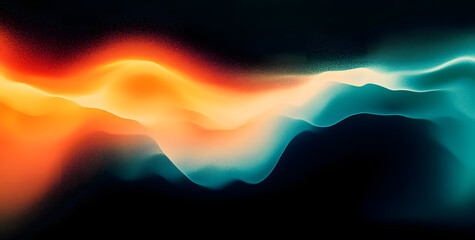 Vibrant orange teal white psychedelic grainy gradient color flow wave on black background, music cover dance party poster design