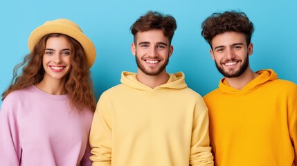 Fototapeta premium Three young individuals, a woman with curly hair and a hat, and two men, stand together smiling. They wear bright, colorful sweatshirts, showcasing a cheerful atmosphere