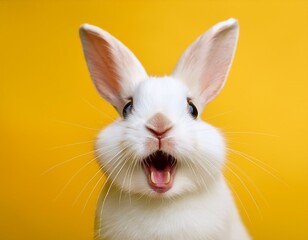 white bunny with an open mouth and playful expression against a bold yellow background creating a vibrant and energetic design