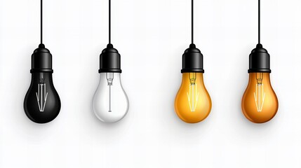 Naklejka premium Four hanging lightbulbs in black, white, and amber. A visual representation of ideas and innovation.