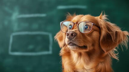 A clever-looking dog wearing glasses sits attentively in a classroom, exuding a playful charm while captured in a whimsical and engaging educational atmosphere.