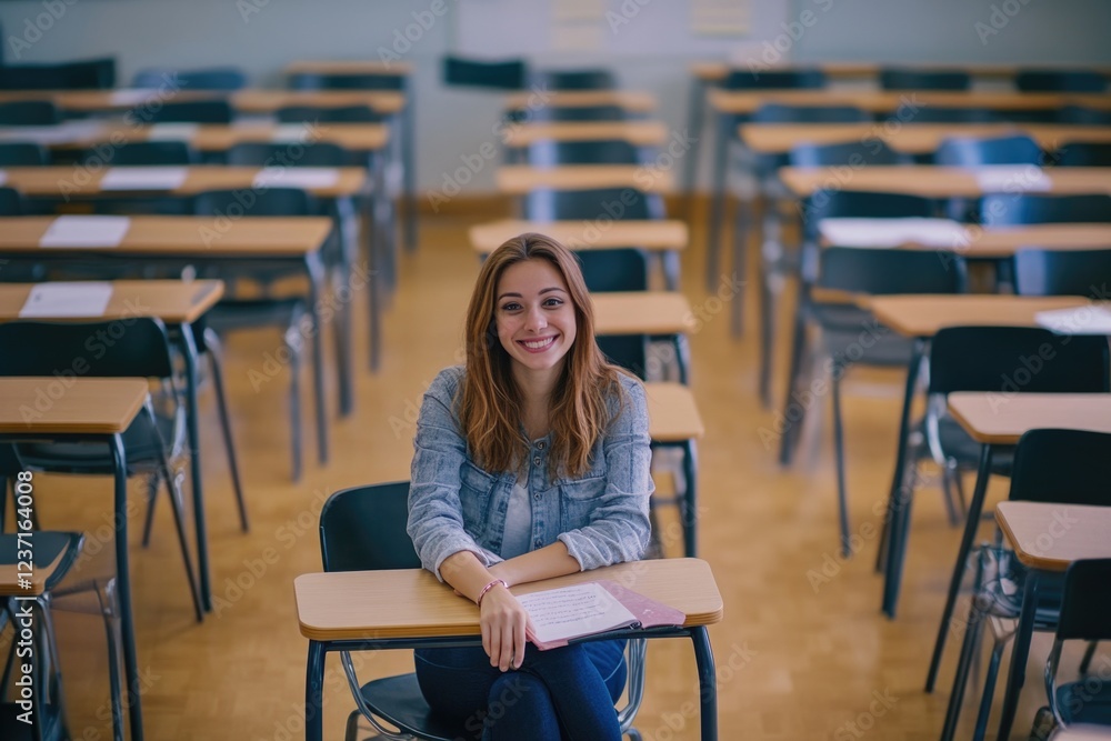 Poster the image depicts a student sitting at their desk in a classroom, surrounded by other empty desks. t