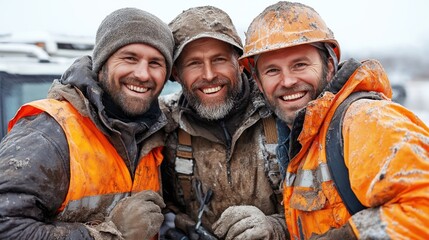Fototapeta premium Three construction workers wearing orange safety vests and helmets are smiling while posing for a picture on a snowy day at the job site. Their faces are covered in snow and dirt