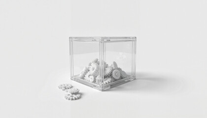 Obraz premium Transparent 3D printed box showcasing small gears, futuristic design, Mockup