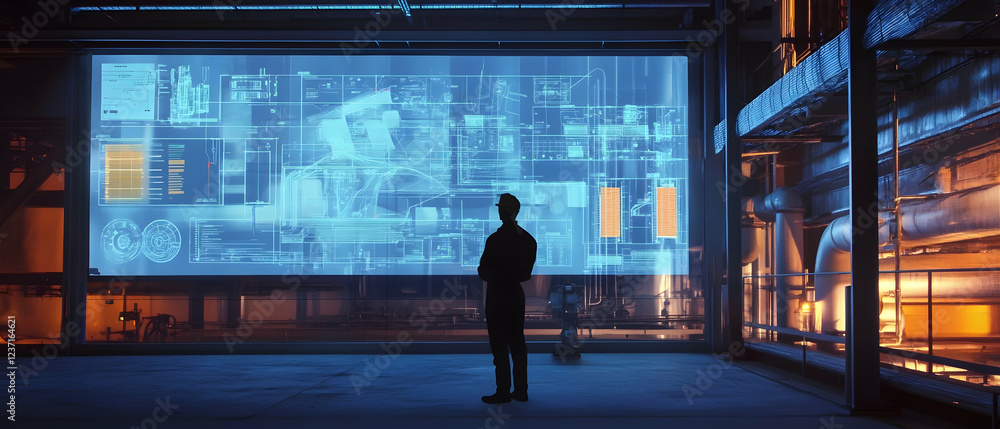 Poster training session for industrial workers focusing on emergency procedures, with diagrams projected on