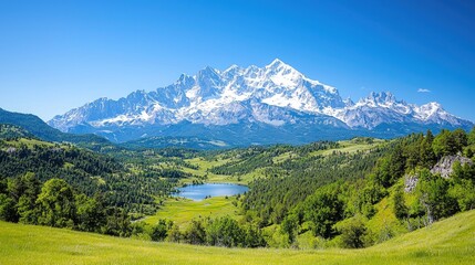 Obraz premium Majestic mountain lake scenic view, summer landscape, peaceful valley