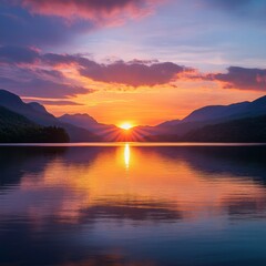 Naklejka premium Majestic sunset over a serene lake surrounded by mountains. The sky is painted with vibrant colors. A still reflection adds beauty to nature. Perfect for tranquility and relaxation. AI