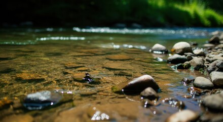 Tranquil river scene with clear water and smooth pebbles along the shore