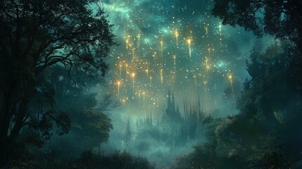 Fototapeta premium Enchanted Night Sky with Sparkling Lights over Mysterious Forest