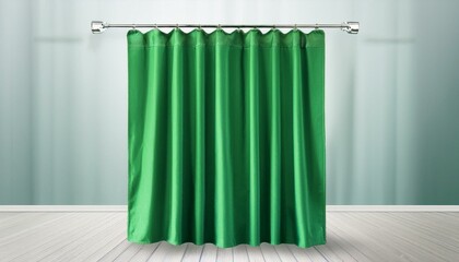 blank green closed shower curtain mockup front view