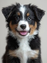A super cute black Border Collie puppy sitting up, facing forward. With its sweetest eyes looking at the camera, tongue pink and out, panting. Isolated against a clear background