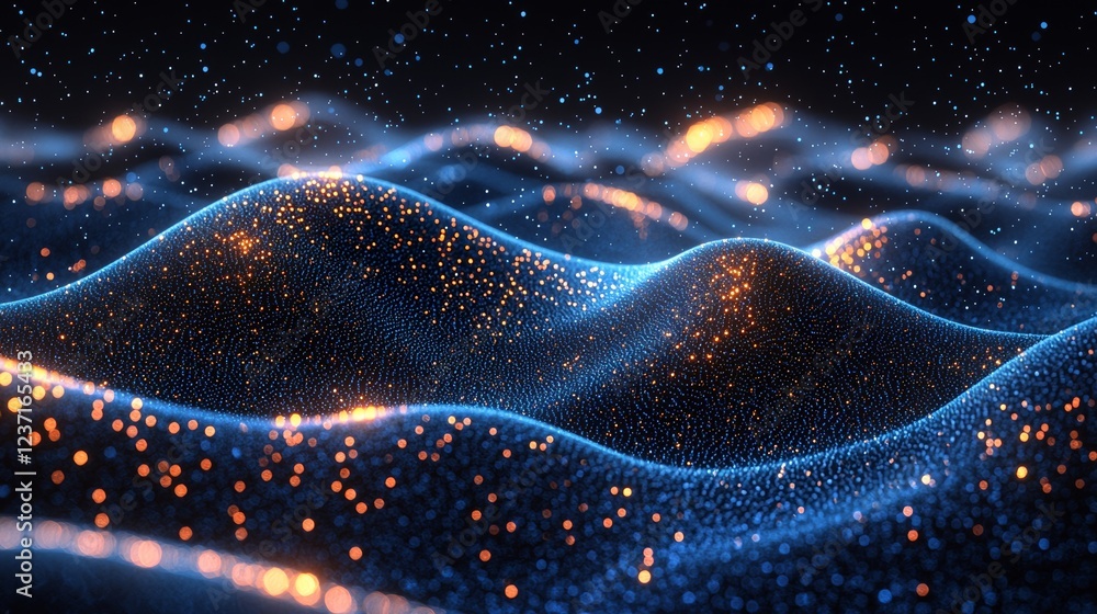 Poster a futuristic particle surface wave with a wavy grid of cyber dots, forming a high-tech network 3d il