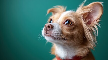This captivating close-up features a dog with bright eyes, deep in thought against a soothing teal background, inviting feelings of joy and companionship perfect for pet lovers.