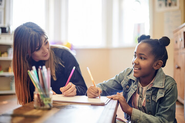 Learning, adoption and mother with black girl writing in home for homework, drawing and homeschool....