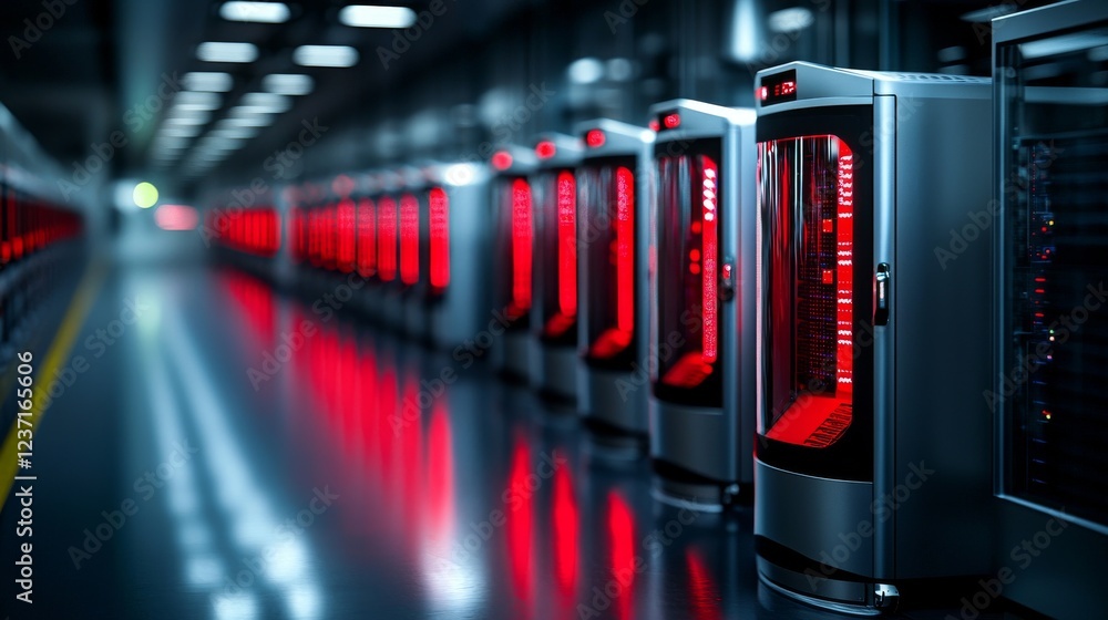 Aufkleber shot of a dark data center featuring multiple rows of fully operational server racks. scenes may inc