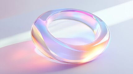 Naklejka premium 3D glass torus with rainbow gradient and refraction details isolated on holographic background with copy space