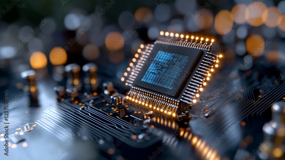 Poster a visualization showcasing 3d digital binary data on a microchip, set against a glowing circuit boar