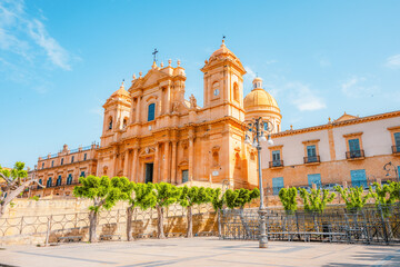 Noto, with the Basilica Minore di San Nicolo and Palazzo Ducezio, Sicily, Italy.