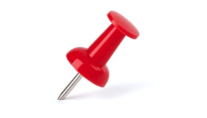 Red push pin stuck in isolated on white background. Thumbtack mockup