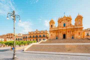 Noto, with the Basilica Minore di San Nicolo and Palazzo Ducezio, Sicily, Italy.