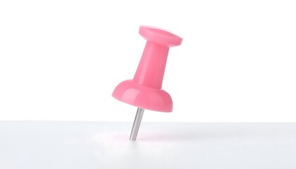 Pink push pin stuck in isolated on white background. Thumbtack mockup