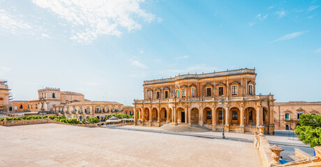 Noto, with the Basilica Minore di San Nicolo and Palazzo Ducezio, Sicily, Italy.