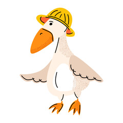 Funny goose wearing a yellow hat, panama hat. For children's books, posters, stickers, and greeting cards