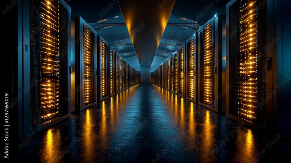 Poster an image of a data center with multiple rows of fully operational server racks, reflecting modern te