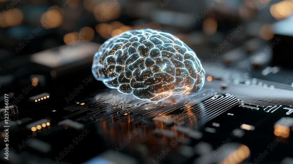 Poster a conceptual 3d rendering of stock hardware includes a blue, glowing brain circuit on a microchip po