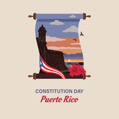 VECTORS. Editable banner for the Constitution Day in Puerto Rico (July 25) and other patriotic holidays. Flag, Old San Juan, San Felipe del Morro Castle, national flower