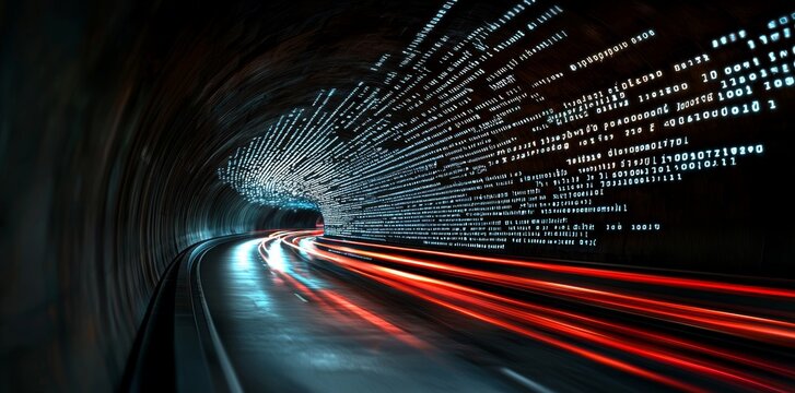 A visualization depicting an abstract highway through digital binary structures in an urban setting, incorporating ideas of big data, machine learning, stock market, hyper loops, virtual reality, and