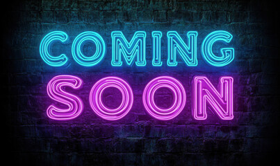 Vibrant neon coming soon sign glowing on a dark