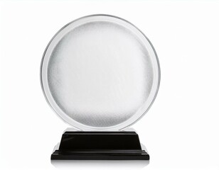 blank round glass trophy mockup 3d rendering empty acrylic award design mock up transparent crystal prize plate template premium first place prize plaque isolated on white front view