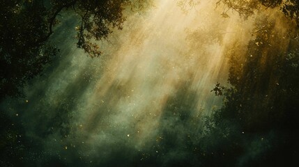 Ethereal Sunlight Streaming Through Dense Forest Canopy at Dawn