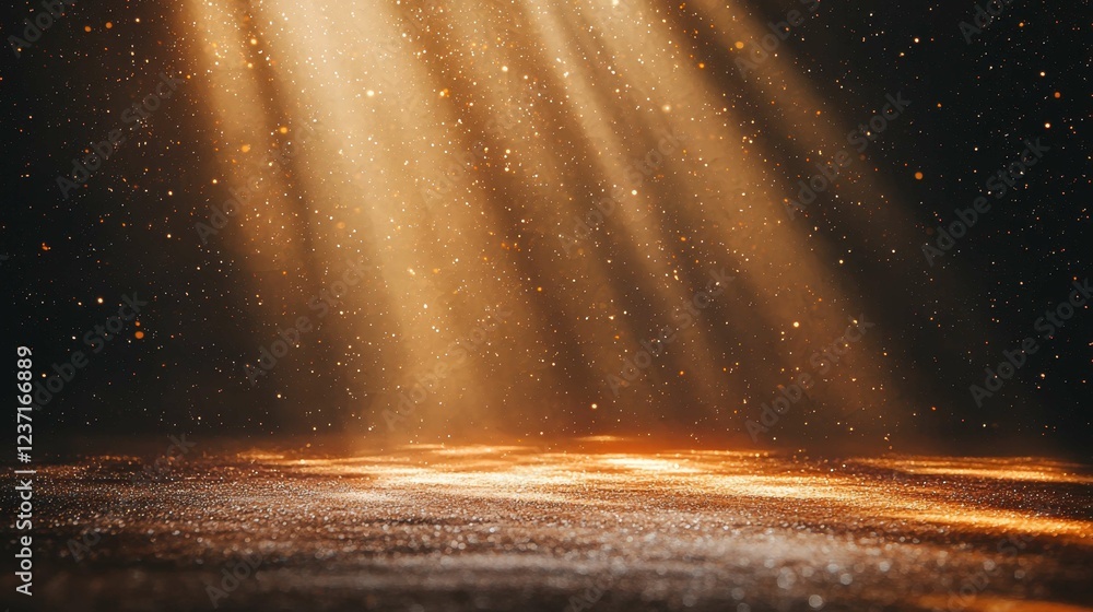Poster golden light rays with dust particles in a dark background