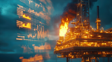 Gas Flaring System on an Offshore Oil Platform, Accompanied by a Background of Digital Energy Market Graphs Depicting the Price Volatility of Crude Oil in the Global Market