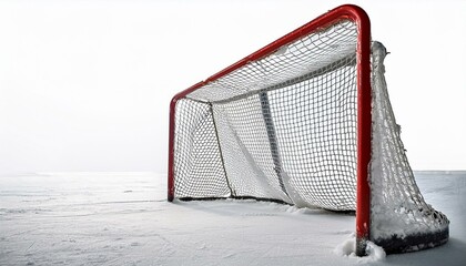 a frozen hockey net awaits the puck on a clear or white background