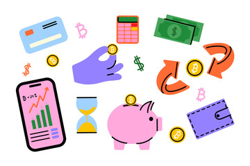 Cryptocurrency and finance concept. Bitcoin trading, mobile banking, piggy bank savings, cash flow, and wallet illustration. Digital money management and financial investment symbols. Flat design