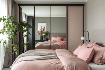 Modern bedroom with pink bedding and mirrored wardrobe