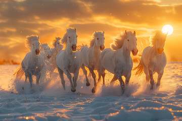 nature illustration, ultra realistic wallpaper of seven white horses galloping against a sunrise backdrop © SuzeO