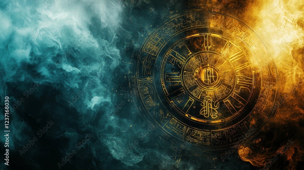 Poster mysterious clock with ethereal smoke and light elements in background
