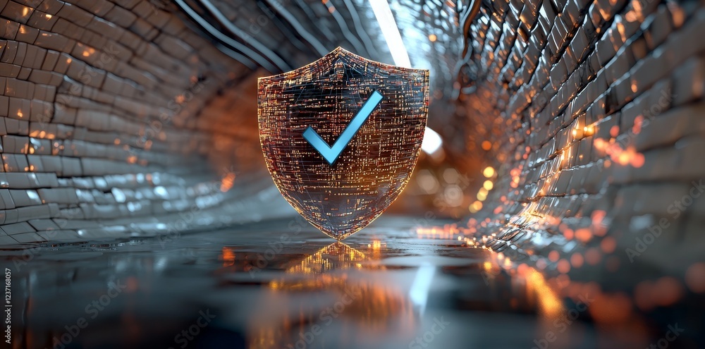 Poster holographic representation of an underground cyber security system featuring a digital shield in 3d